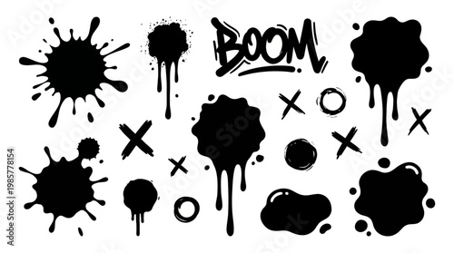 Abstract black ink splatters, drips, and blotches with bold boom text for grunge, comic, and graphic design projects.