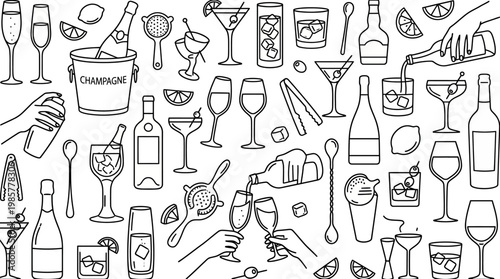 Hand-drawn pattern of wine bottles, glasses, and barware for drinks, celebrations, and party decor.