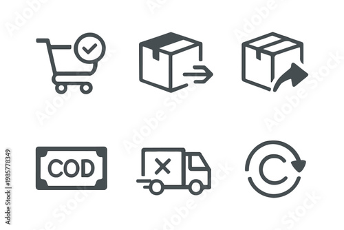 Essential E-commerce Service Icons for Shipping, Cash on Delivery, and Product Return Policies
