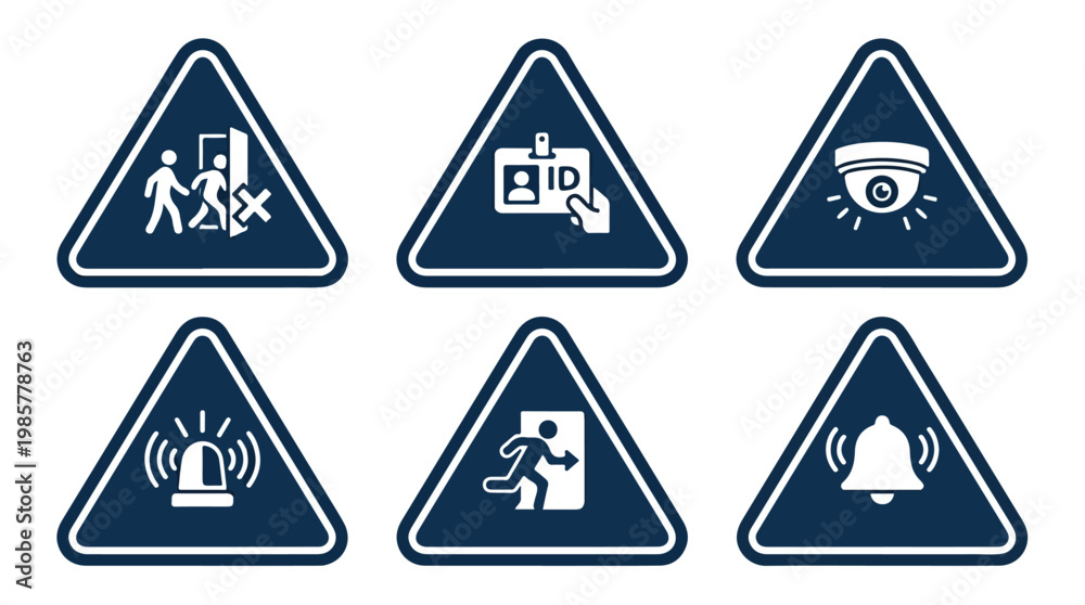 Obraz premium Collection of six blue triangular warning signs depicting security and safety icons for access control and emergency