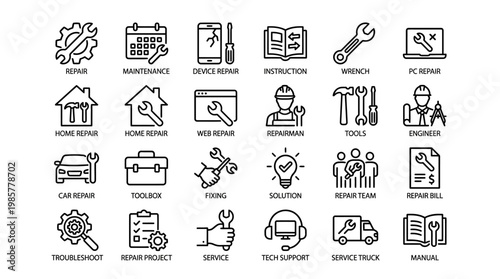 Collection of line-art icons depicting home improvement, repairs, and handyman services for property maintenance and DIY projects.