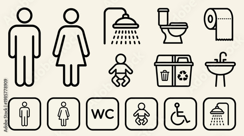 Collection of bathroom and accessibility icons in outline style, featuring male and female figures, toilets, WC, baby changing, shower, sink, and accessibility signs