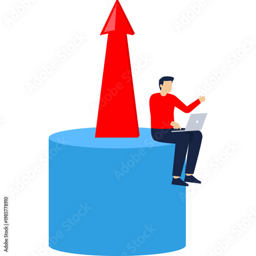 Man on stepped platforms looking at upward arrow, progress, growth, success, steps, and ambition,

