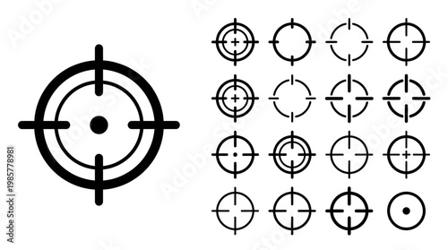 Minimalist bullseye target with crosshair and a grid of smaller targets illustrating aiming and precision