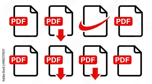 Collection of PDF icons with downward arrows indicating document downloads and digital file management.