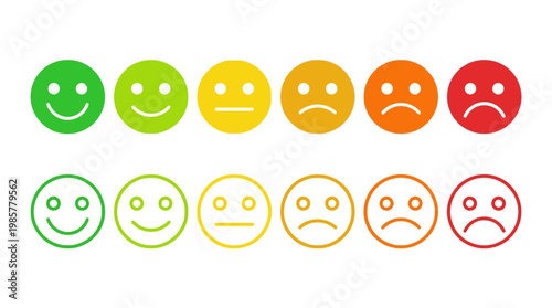 Set of colorful circular emoticons arranged in two rows displaying a range of emotions from happy to sad, ideal for mood, feedback, rating, and UI design visuals.