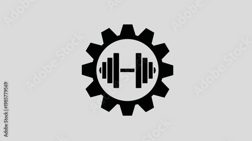 Black graphic of a gear with weights inside, on a grey background