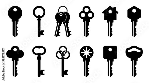 Diverse collection of vintage and modern keys silhouettes for design, locksmith, and security projects