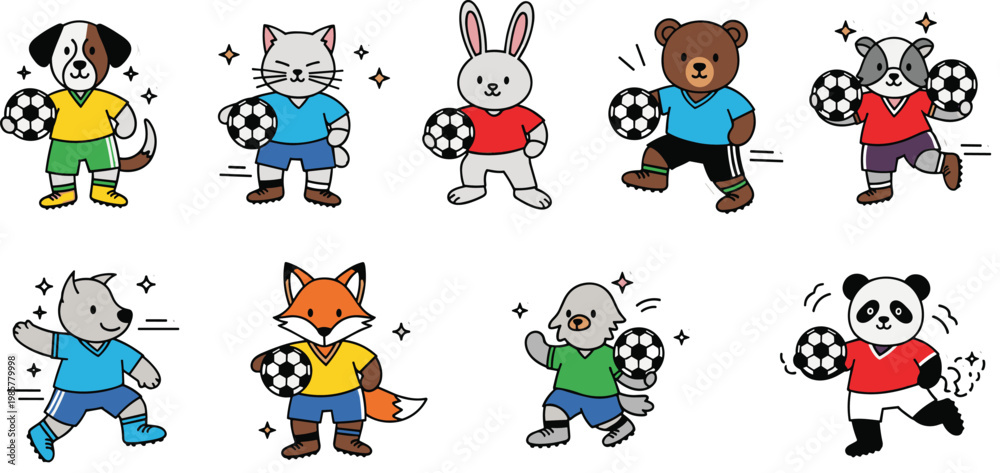 Obraz premium Adorable Animal Soccer Mascot Character Set Featuring Dog Cat Rabbit Bear Fox Panda and Wolf for Kids Sports Branding Educational Material and Creative Commercial Design Projects