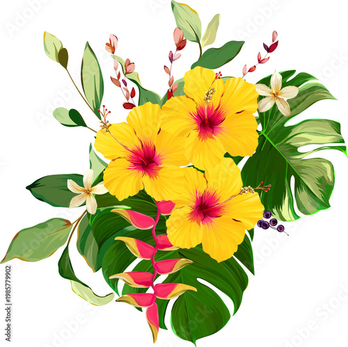 Tropical flower bouquet. Summer bouquet. Paradise flowers. Exotic, tropical bouquet.