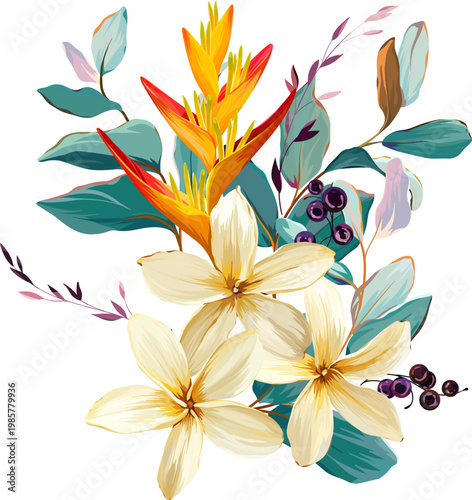 Tropical flower bouquet. Summer bouquet. Paradise flowers. Exotic, tropical bouquet.