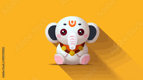 Adorable cartoon elephant with rosy cheeks and a sacred mark. The elephant wears a golden necklace