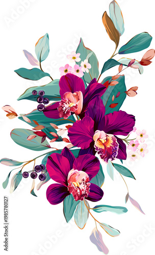 Tropical flower bouquet. Summer bouquet. Paradise flowers. Exotic, tropical bouquet.