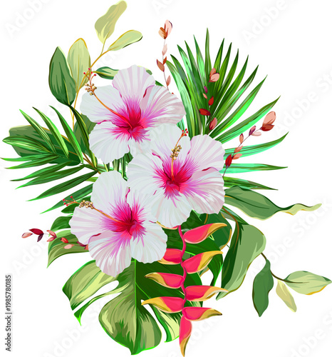 Tropical flower bouquet. Summer bouquet. Paradise flowers. Exotic, tropical bouquet.