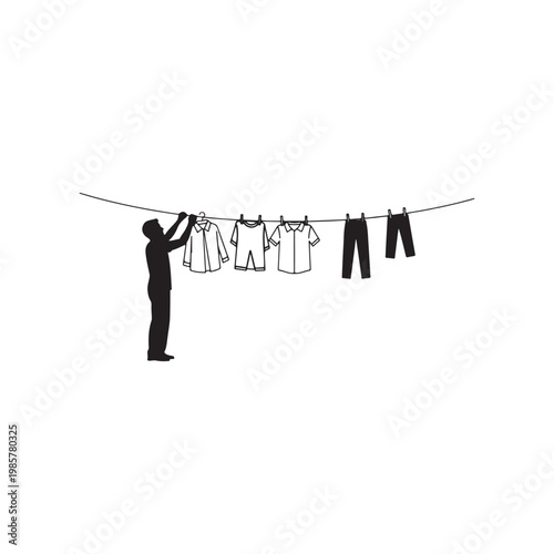 Man hanging clothes on a line silhouette icon vector flat design