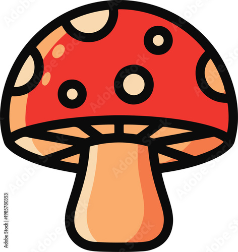 A vibrant cartoon red toadstool mushroom with white spots and a thick black outline.