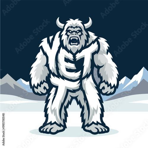 Yeti standing in snowy landscape.