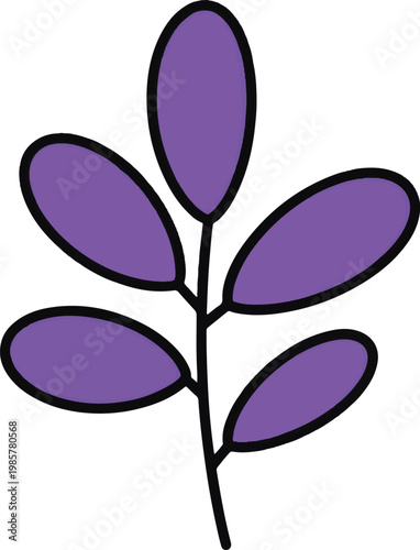 Simple purple plant sprig with six oval leaves and a bold black outline.