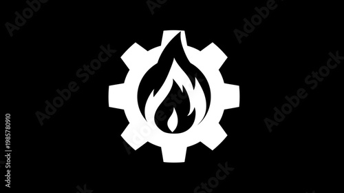 A white gear with flames in the center set against a black background. Minimalist design