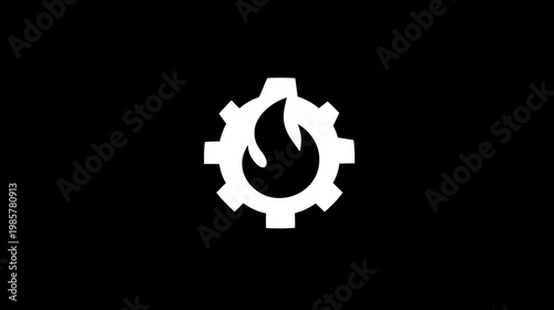 A white gear with a flame in the center, set against a stark black background