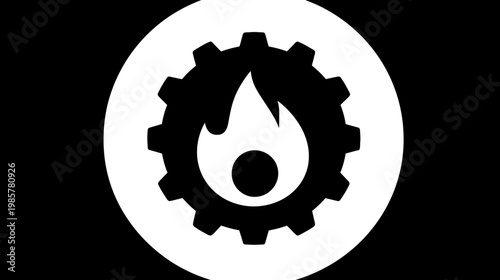 Black and white icon of a gear with a flame in the center, all inside a circle