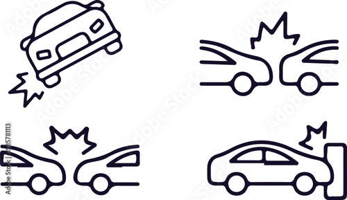 car accident traffic road sign outline icon set vector illustration