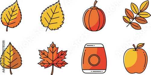 A collection of colorful hand-drawn autumn icons featuring fall leaves a pumpkin an apple and a seasonal drink.