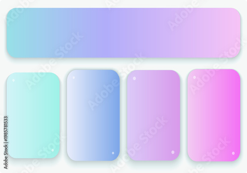 Pastel gradient banner set with rounded rectangular frames, soft holographic color palette for web interface design, aesthetic purple and blue UI elements for social media layouts