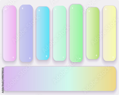 Pastel gradient button set with glossy glass finish, colorful rounded rectangle UI elements for web design, 8 modern glassy plastic bars for mobile app interface and navigation