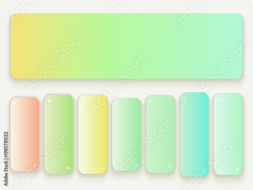 Pastel gradient button set with rounded glassmorphism style, colorful glossy web banners and UI elements, soft neon glass rectangle collection for modern interface design and apps