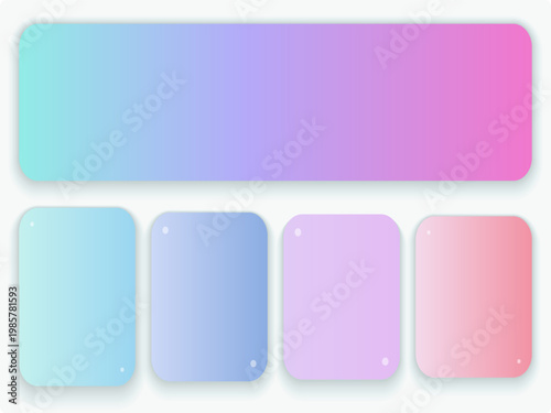 Pastel gradient banner and card set, soft holographic aesthetic UI elements with rounded corners, colorful mesh background frames for web design and social media presentation layouts