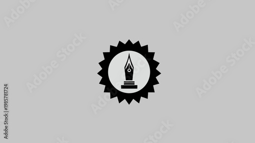 A stylized illustration of a pen nib inside a starburst emblem, centered on a gray background