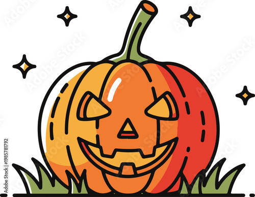 A vibrant cartoon Jack-o-lantern with a wide toothy grin thick black outlines and a curved green stem.