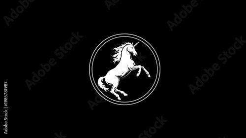 A white unicorn rearing on its hind legs inside a white oval against a black backdrop