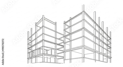 3D building construction concept illustration with architecture blueprint design and urban structure model