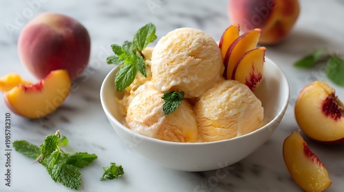 Peach Ice Cream in a Bowl with Mint / ミントを添えたボウル入りのピーチアイスクリーム