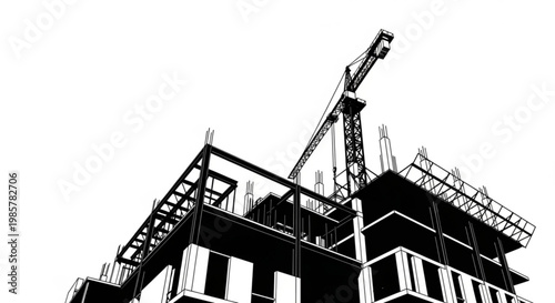 Sketch style vector illustration of a construction site with cranes and industrial building machinery near a harbor