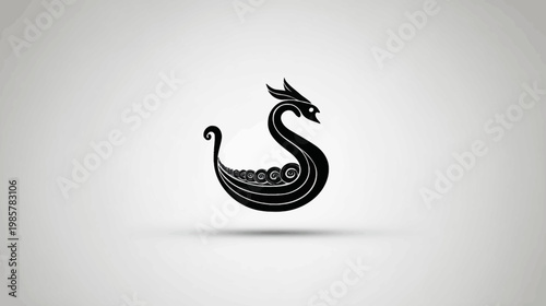 A stylized black illustration of a Viking longship with a dragon head on a minimalist background