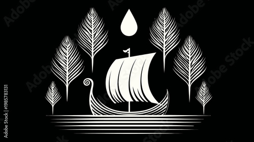 A stark, minimalist illustration of a Viking ship sailing amid stylized foliage and a teardrop