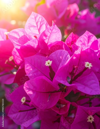 Vibrant pink bougainvillea flowers and leaves basking in sunlight