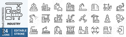Set of 24 outline icons related to industry. Linear icon collection. Editable stroke. Vector illustration