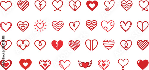 Doodle hearts sketch set. Various different hand drawn heart icon love collection isolated on white background. Red heart symbol for Valentines Day.