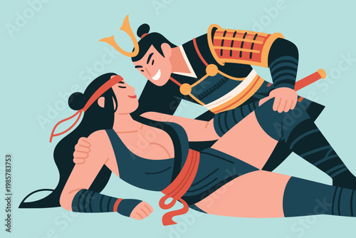 Cartoon A Beautiful Female Ninja Lover and a Handsome Samurai Illustration Creative Design Template 