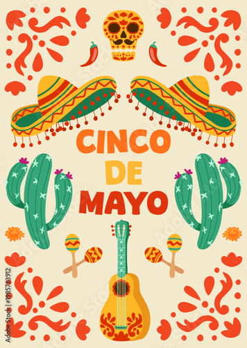 Cinco de Mayo retro poster with sombreros, guitar, cactus, maracas, chili, ornamental pattern, lettering. Mexican holiday vintage hand drawn vector template for invitations, flyers, banners, cards