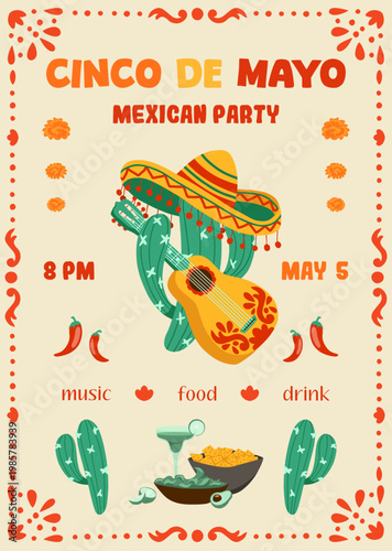 Cinco de Mayo retro poster with cactus in sombrero playing guitar, chili, margarita, nachos, food elements, lettering. Mexican holiday vintage vector template for invitations, flyers, banners