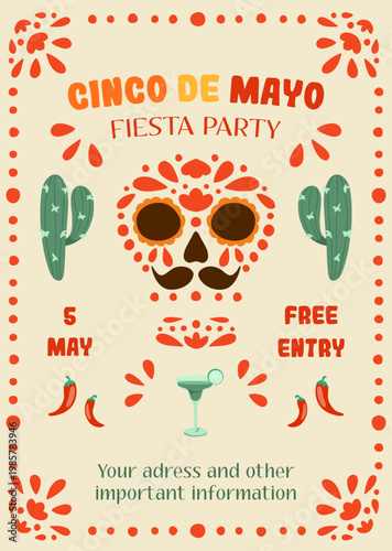 Cinco de Mayo retro poster with sugar skull, cactus, chili, margarita, ornamental pattern, lettering. Mexican holiday vintage hand drawn vector template for invitations, flyers, banners, cards