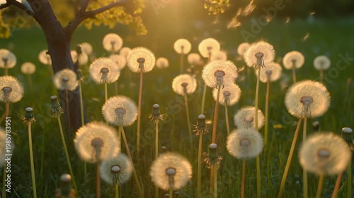 Dandelions bloom vibrantly in a green field under a tree at sunset.