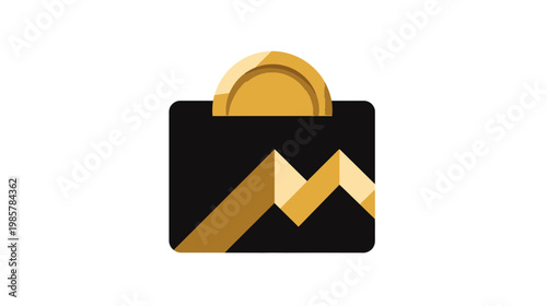 A black wallet with a gold coin on top, contains a gold mountain-like graphic