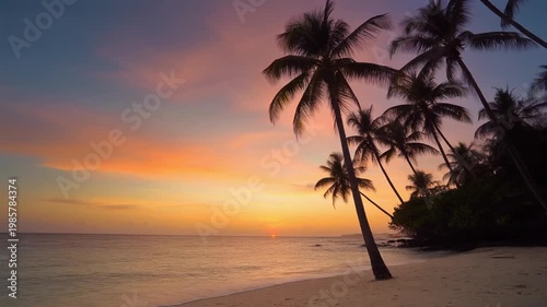 Tropical beach sunset with silhouetted palm trees, calm ocean, and vibrant colorful sky