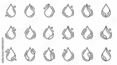 A set of line drawings of water droplets with ornament details.